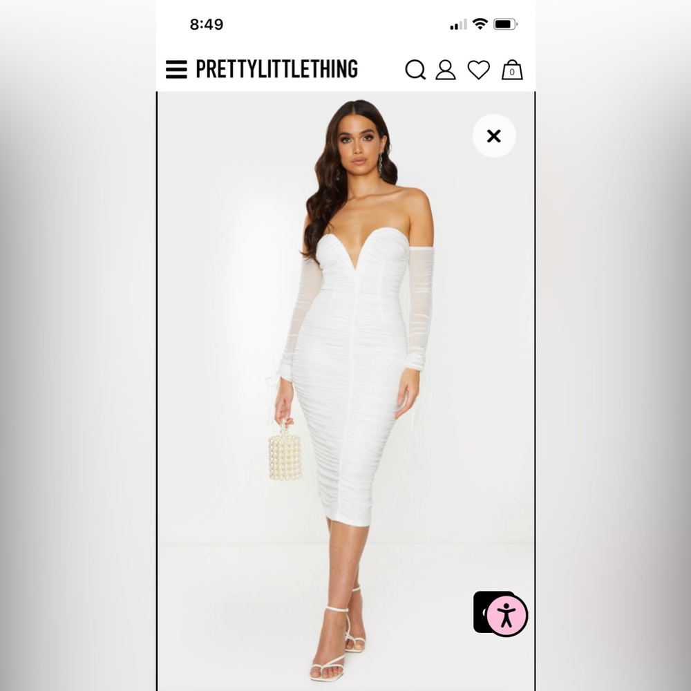 White Mesh V Bar Ruched Detail Bardot Midi Dress